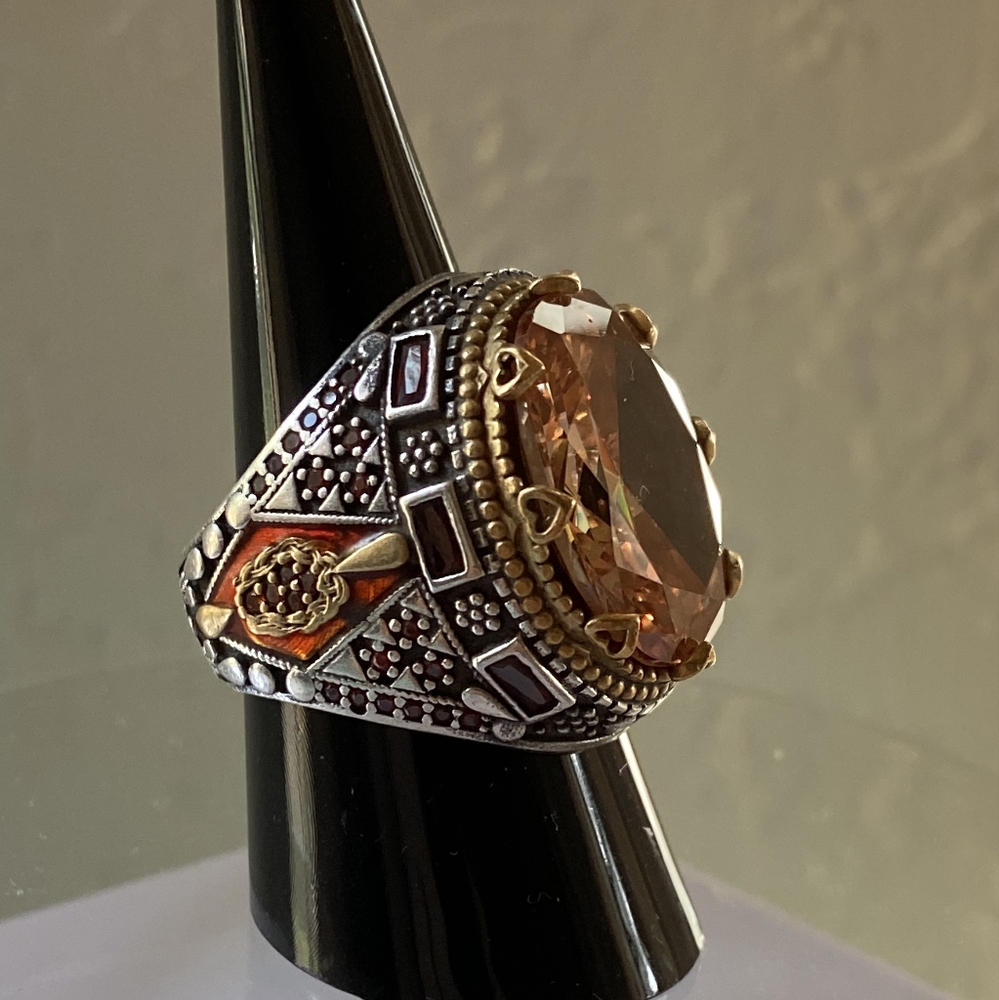Ottoman Turkish Citrine Stone Silver 925 Plated Handmade Ring